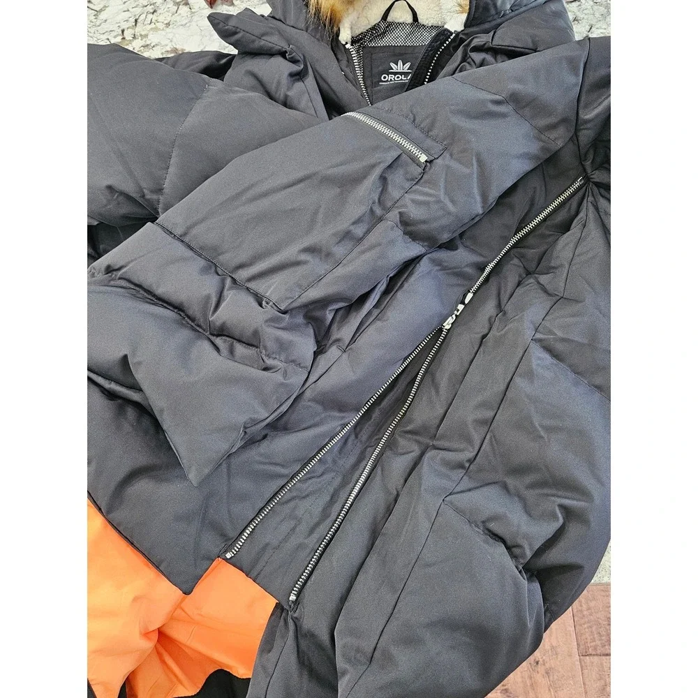 Orolay Ski Lodge Expandable 3XL Black Thickened Down Jacket Faux Fur Hood